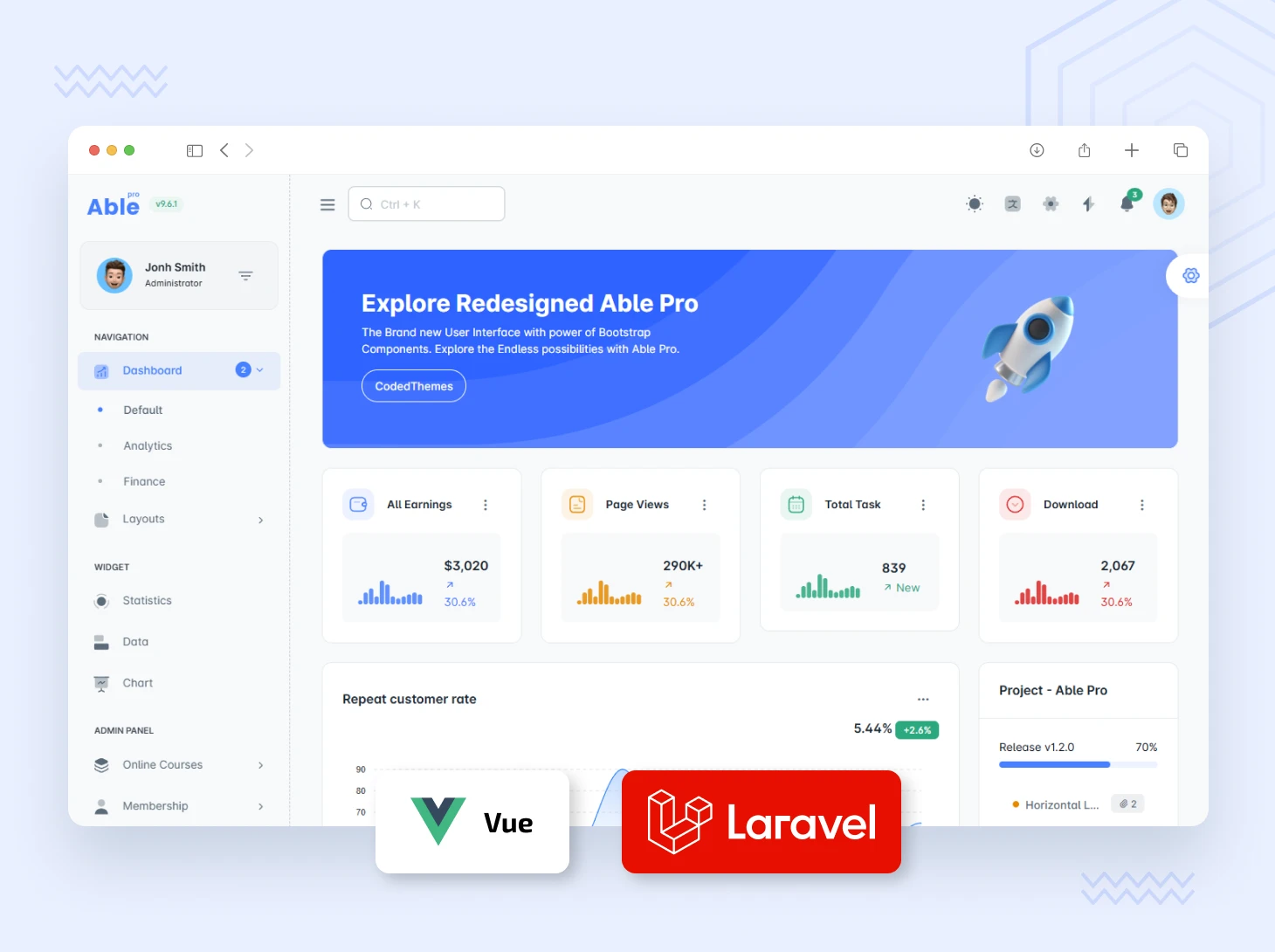 Able pro vue laravel dashboard template - codedthemes